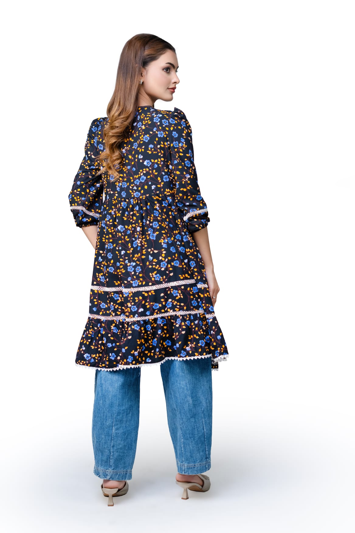 Floral Lace Detail 3 Quarter Sleeve Peplum Top