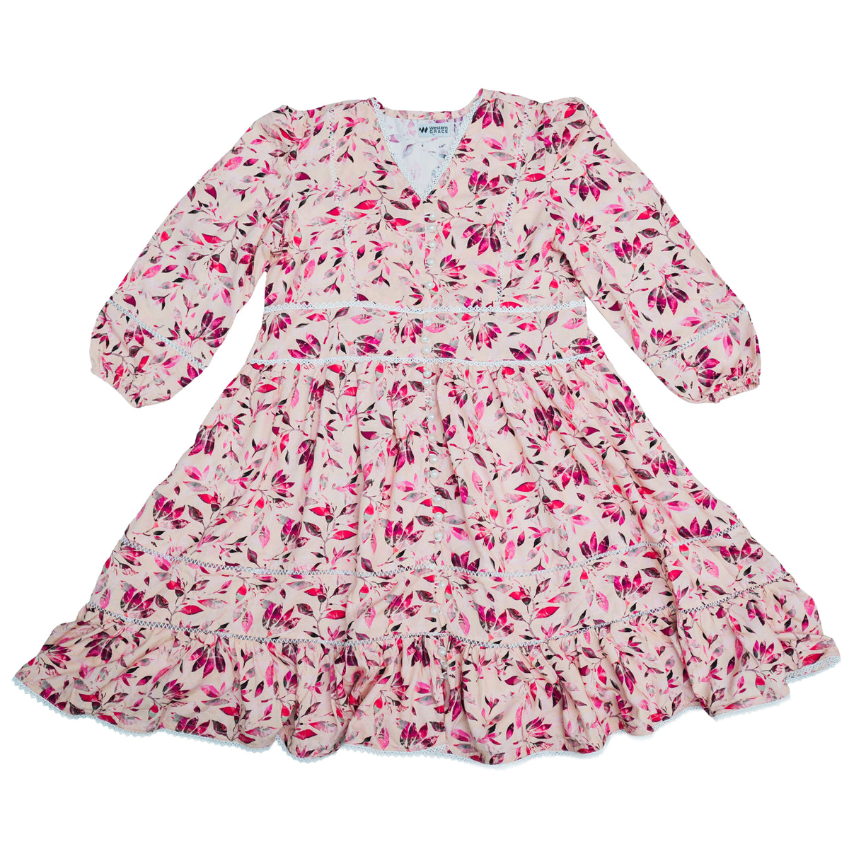 Autumn Pink Floral V-Neck Lace Trim Women's Dress, 3/4 Sleeves, Knee Length| China Boski Fabric