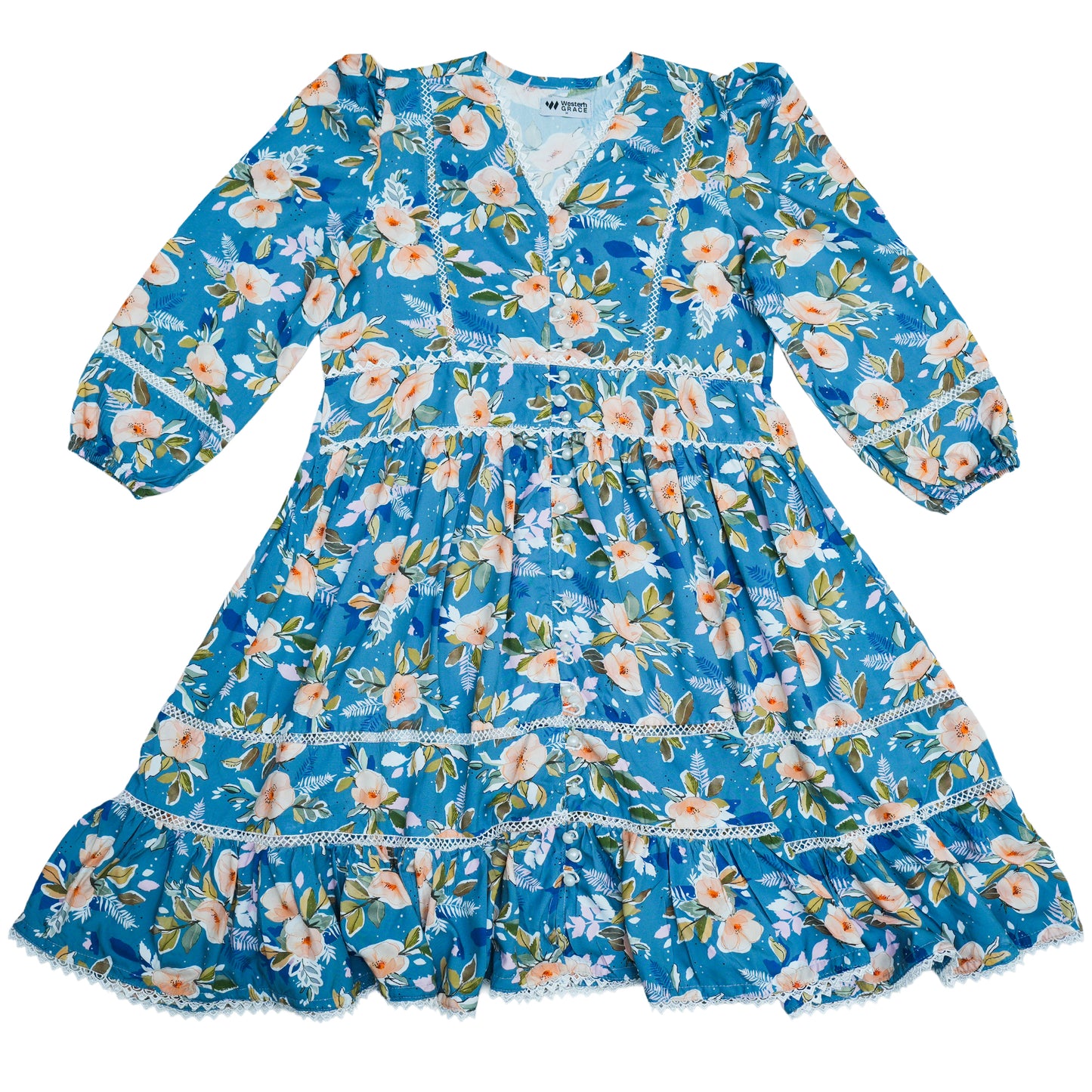 Elegant Sky Blue Floral Tunic Dress