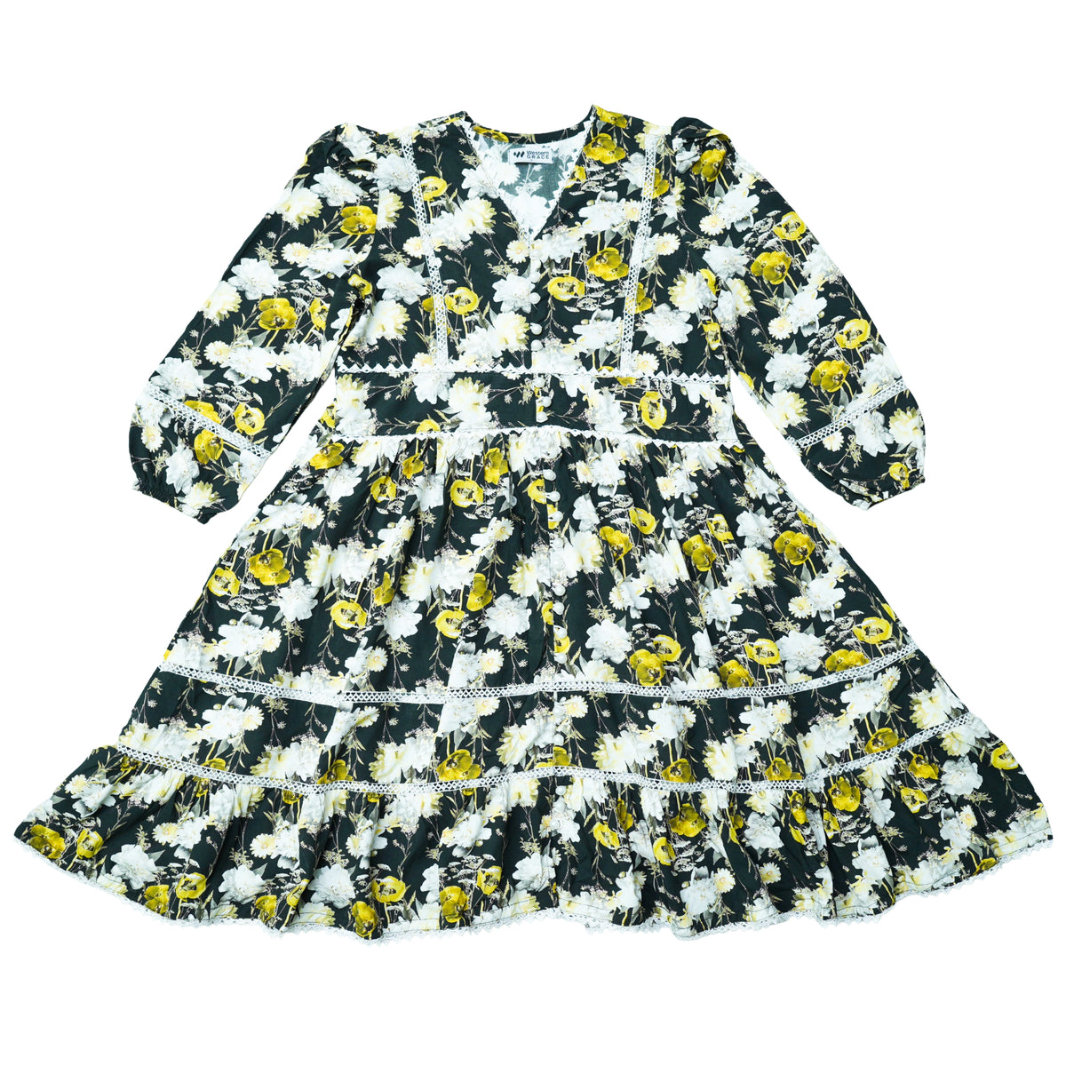 Women's Floral V-Neck Knee Length Autumn Dress, Lace Trim | China Boski Fabric