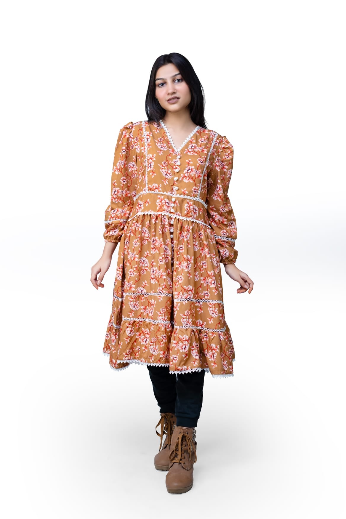 Elegant Peach Floral Tunic Dress