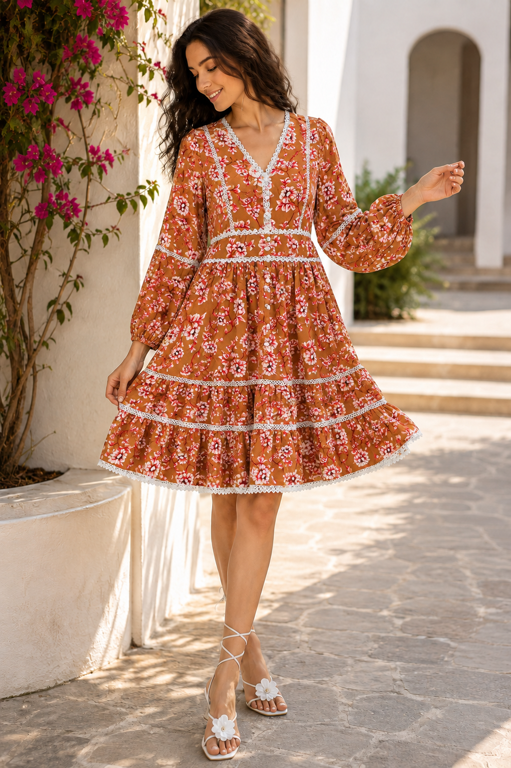 Women's Boho Floral V-Neck Autumn Dress, Lace Trim, Knee Length | China Boski Fabric