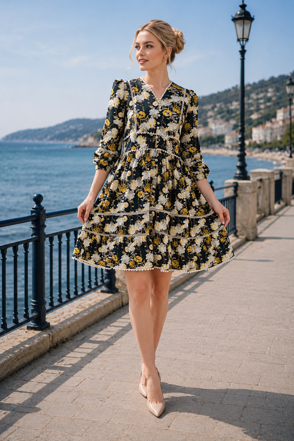 Women's Floral V-Neck Knee Length Autumn Dress, Lace Trim | China Boski Fabric