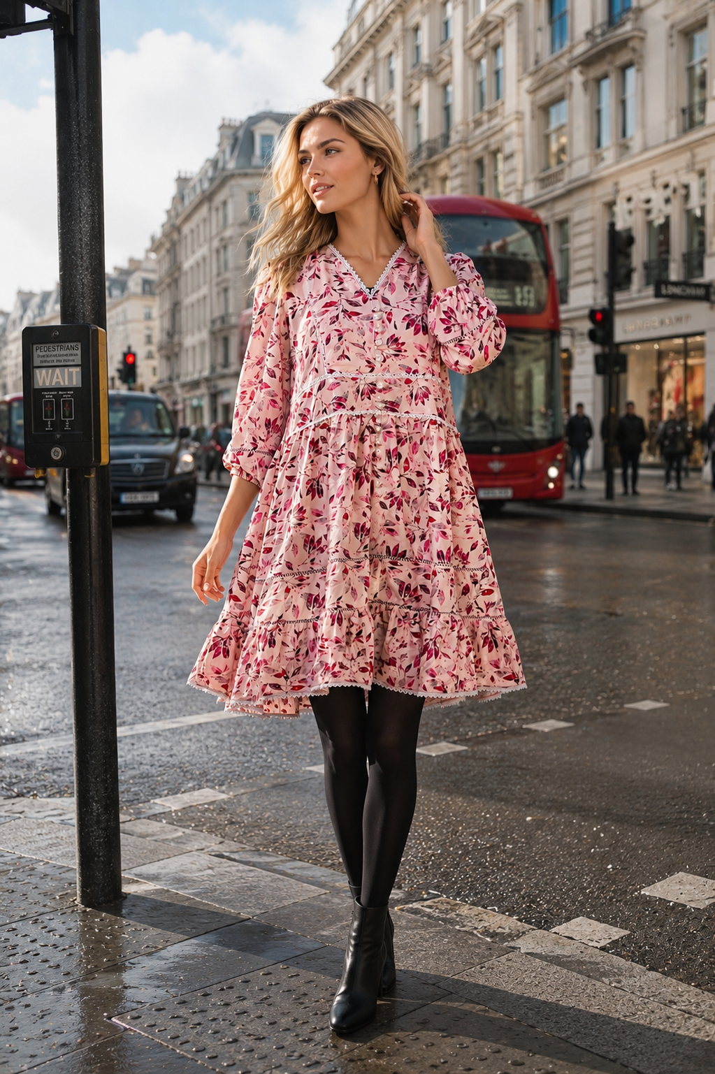 Autumn Pink Floral V-Neck Lace Trim Women's Dress, 3/4 Sleeves, Knee Length| China Boski Fabric