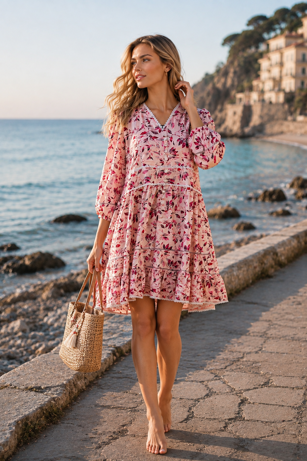 Autumn Pink Floral V-Neck Lace Trim Women's Dress, 3/4 Sleeves, Knee Length| China Boski Fabric