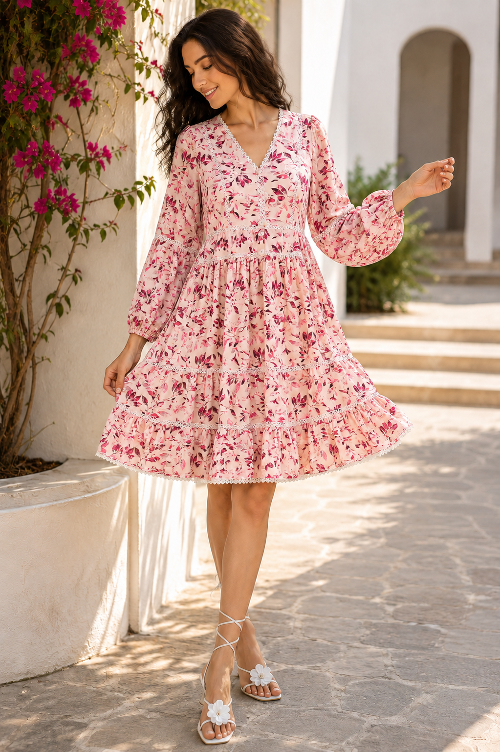 Autumn Pink Floral V-Neck Lace Trim Women's Dress, 3/4 Sleeves, Knee Length| China Boski Fabric