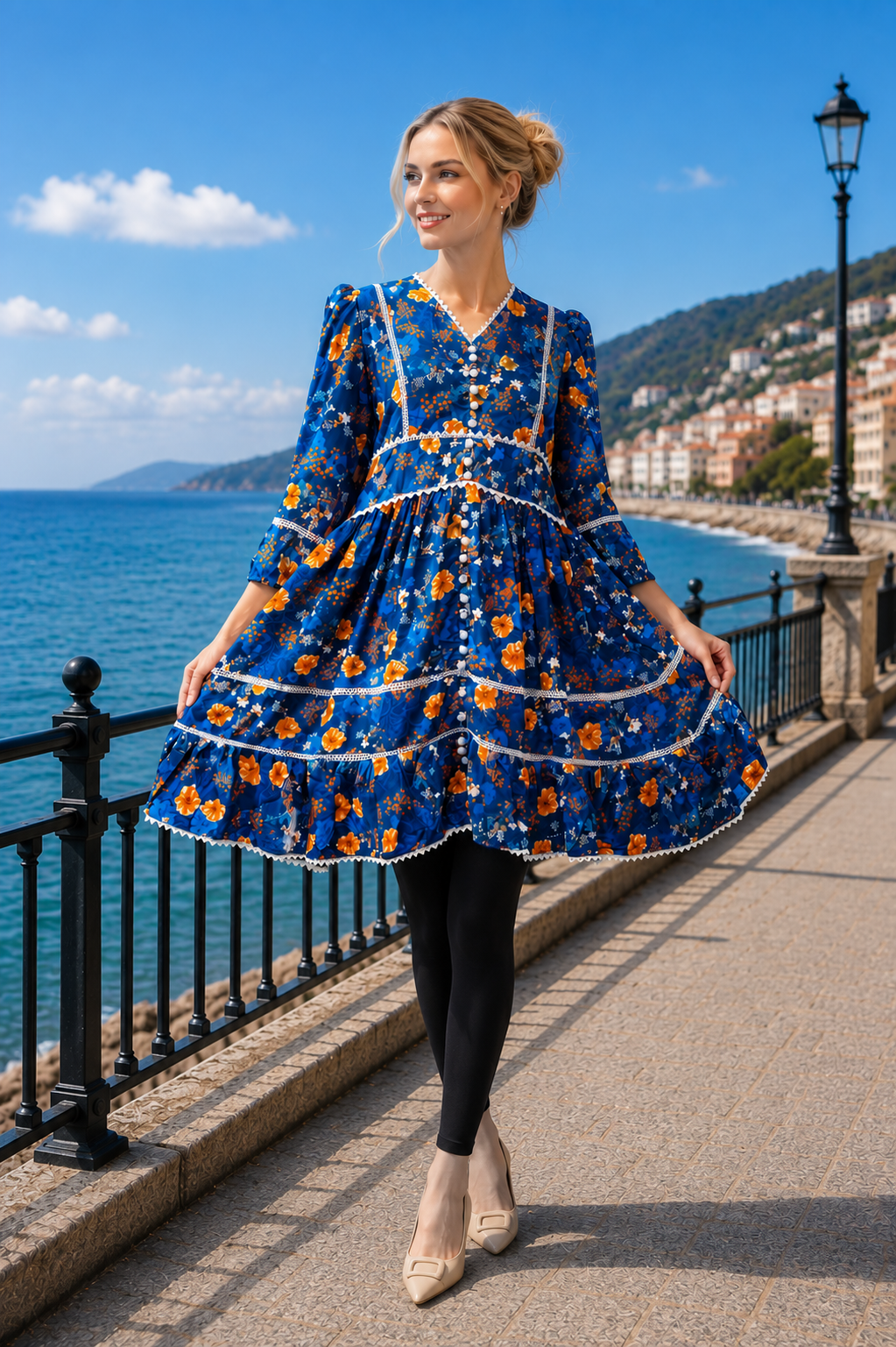 Blue Floral V-Neck Women's Dress, Lace Trim, Knee Length Autumn Boho | China Boski Fabric