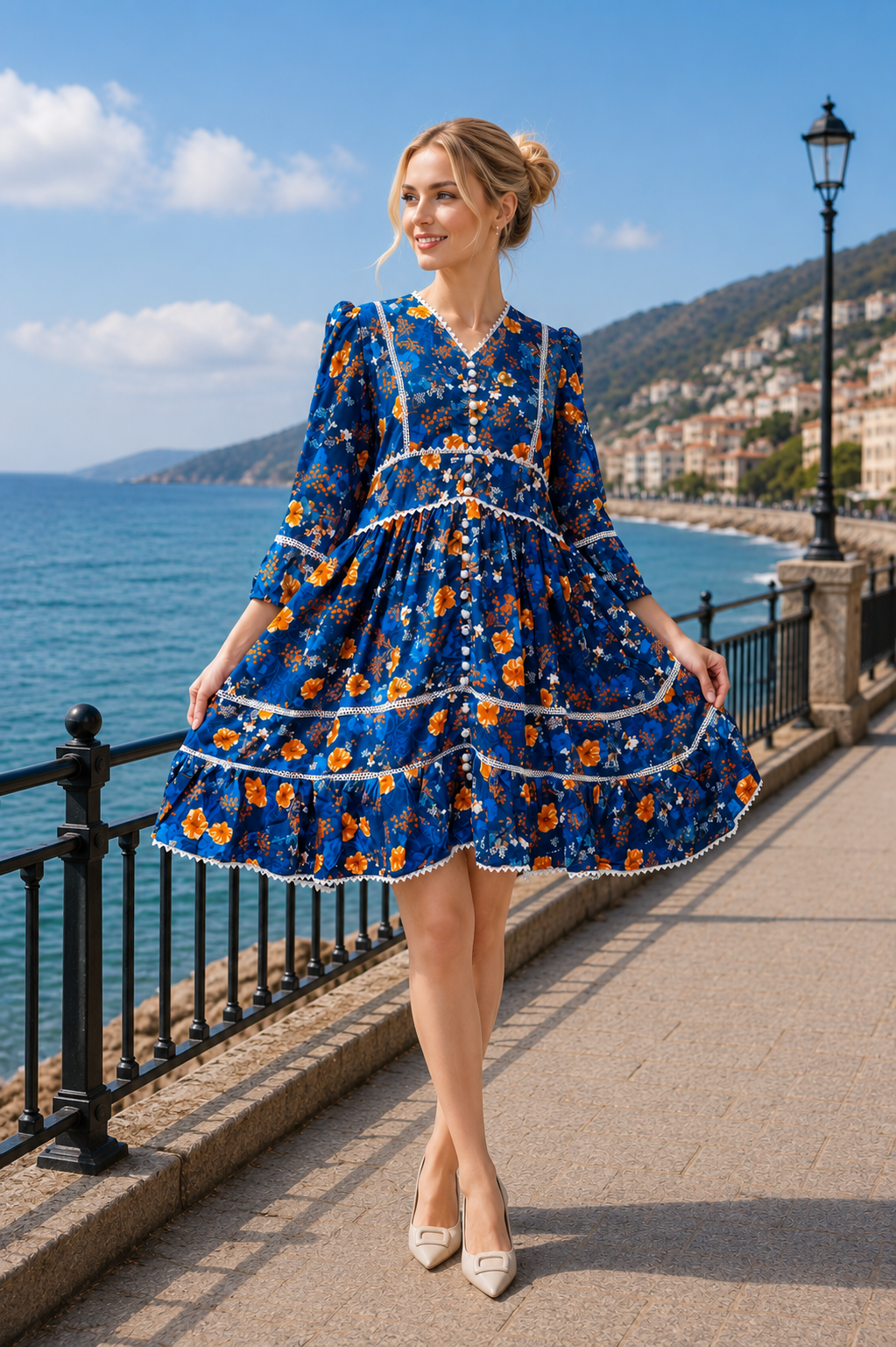 Blue Floral V-Neck Women's Dress, Lace Trim, Knee Length Autumn Boho | China Boski Fabric