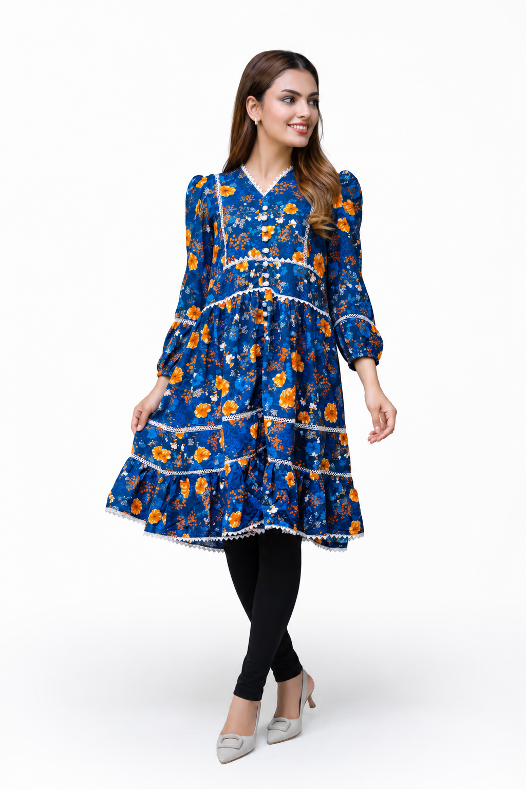 Blue Floral V-Neck Women's Dress, Lace Trim, Knee Length Autumn Boho | China Boski Fabric