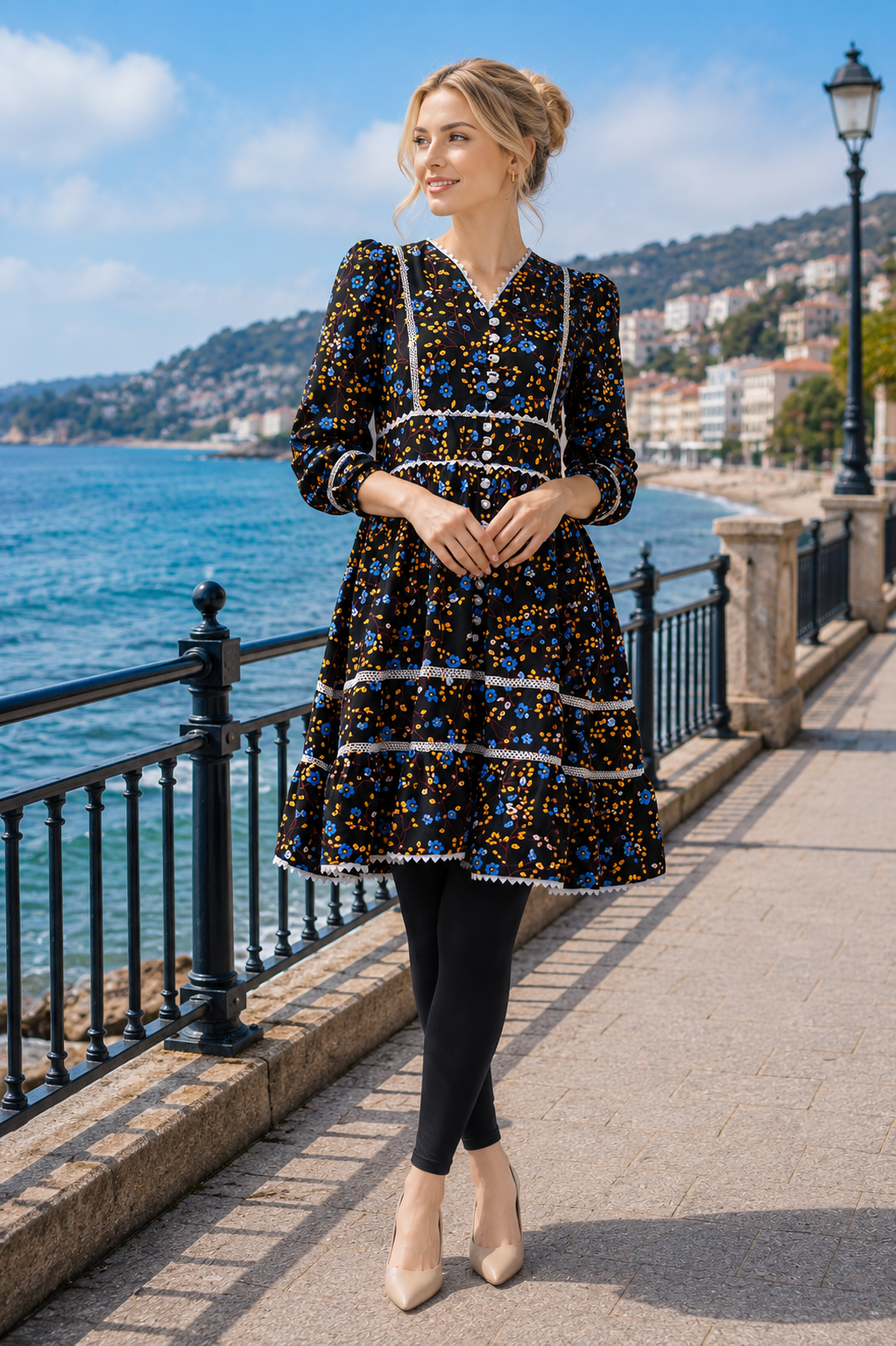 Black Floral V-Neck Lace Trim Autumn Dress, Knee Length | China Boski Fabric
