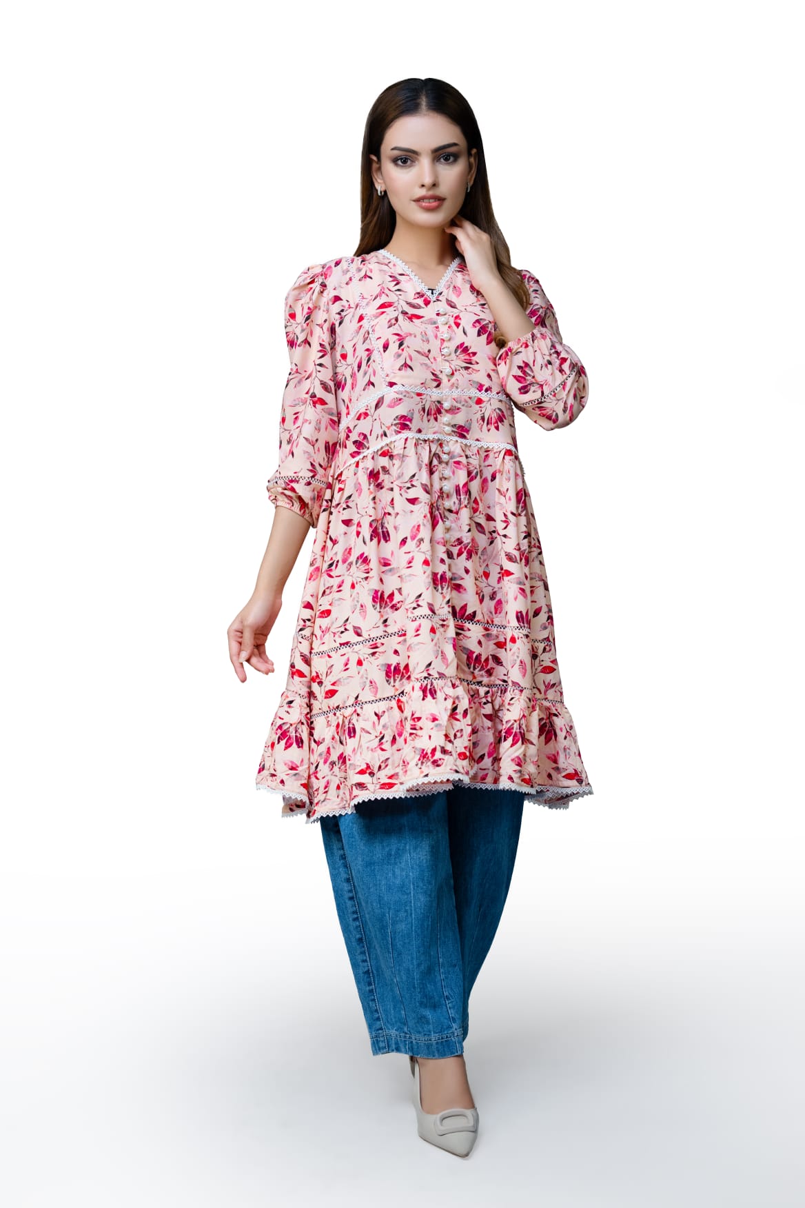 Floral Lace Detail 3 Quarter Sleeve Peplum Top