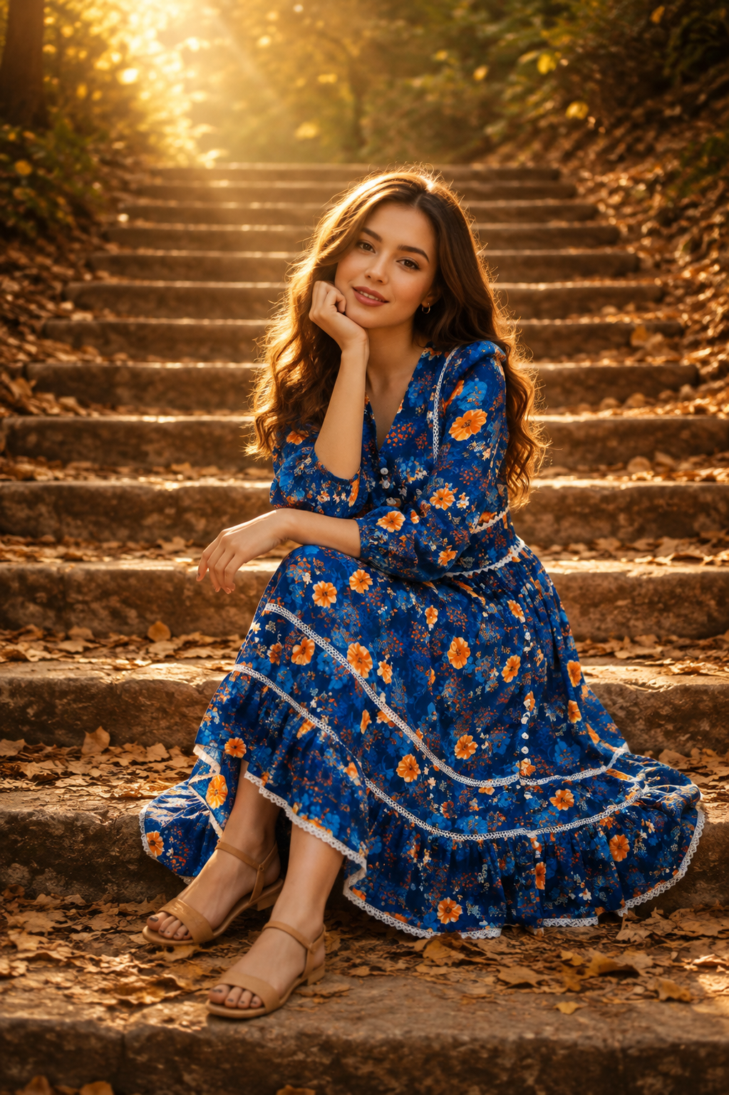 Blue Floral V-Neck Women's Dress, Lace Trim, Knee Length Autumn Boho | China Boski Fabric