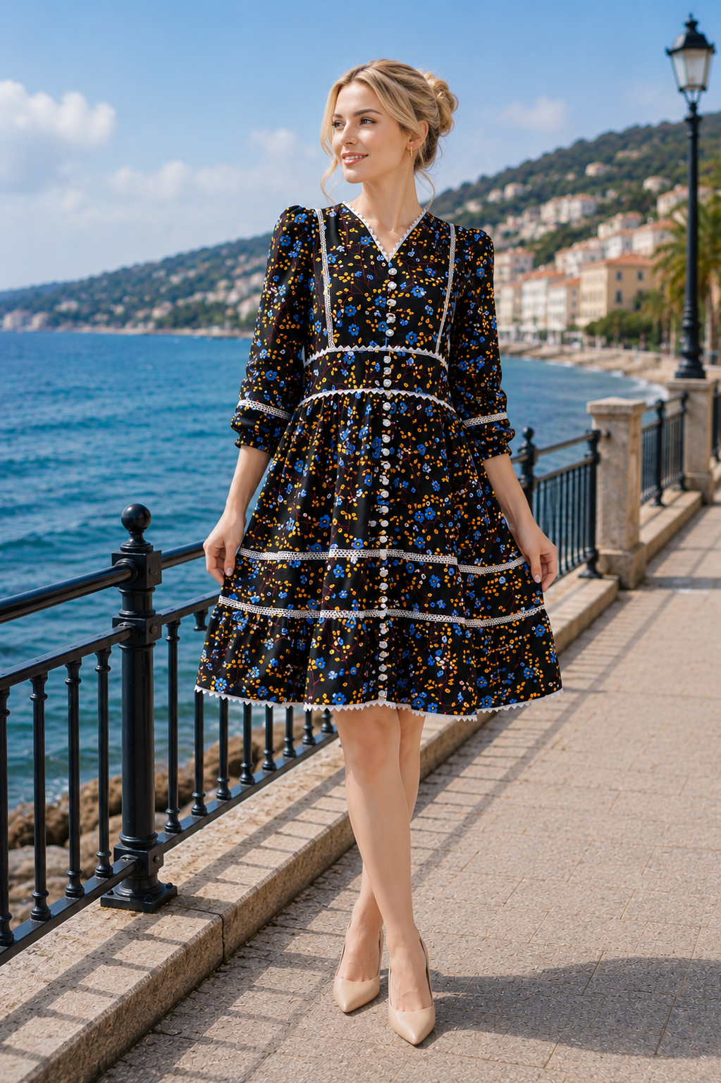 Black Floral V-Neck Lace Trim Autumn Dress, Knee Length | China Boski Fabric