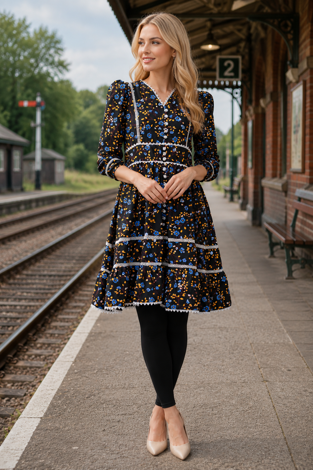 Black Floral V-Neck Lace Trim Autumn Dress, Knee Length | China Boski Fabric