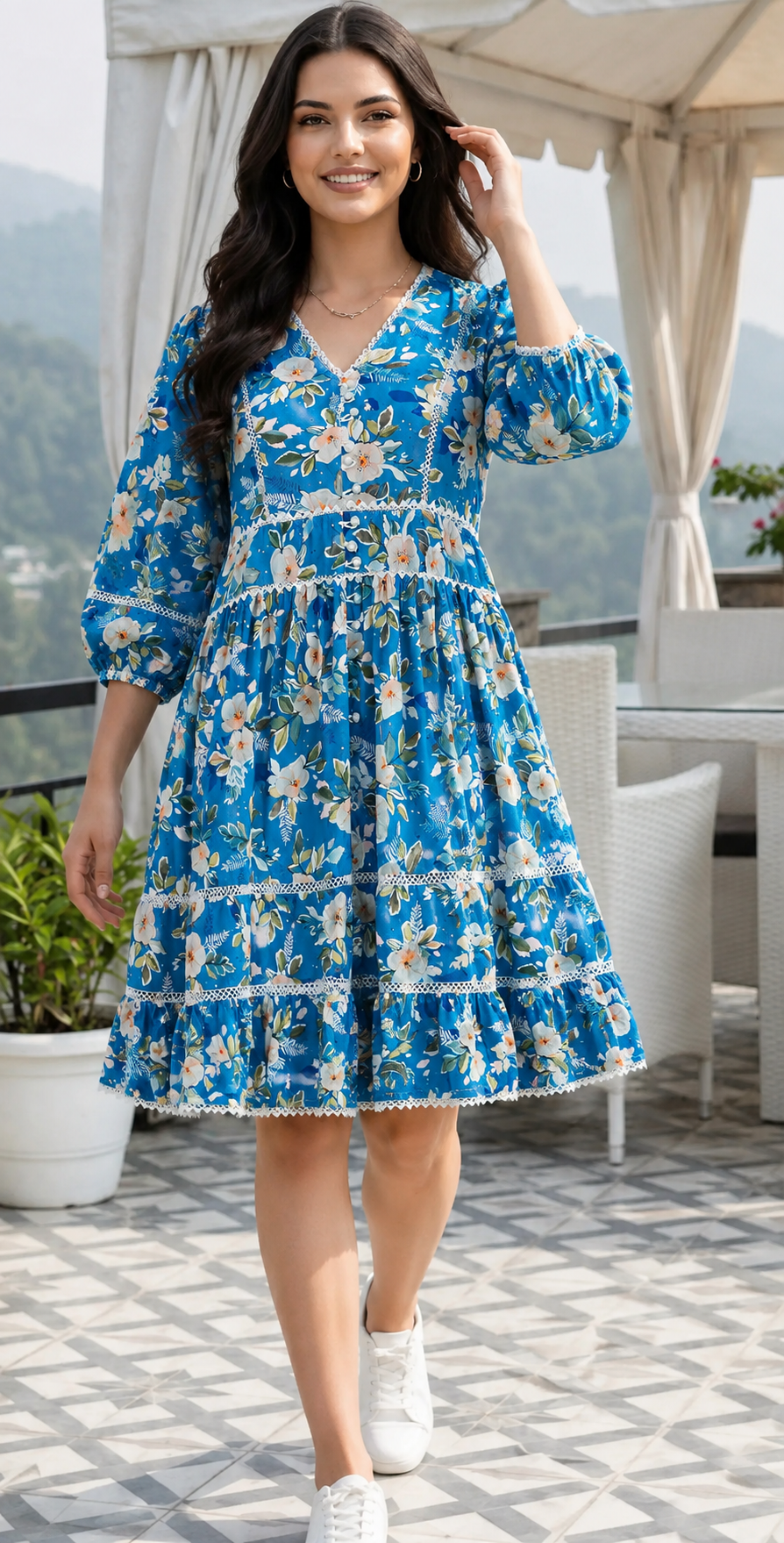 Women’s Autumn Boho Floral V-Neck Dress – Lace Trim, Knee Length, 3/4 Sleeves | China Boski Fabric