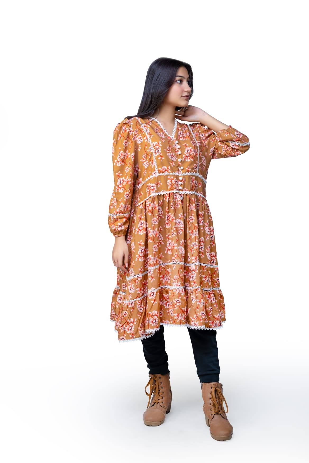 Elegant Peach Floral Tunic Dress