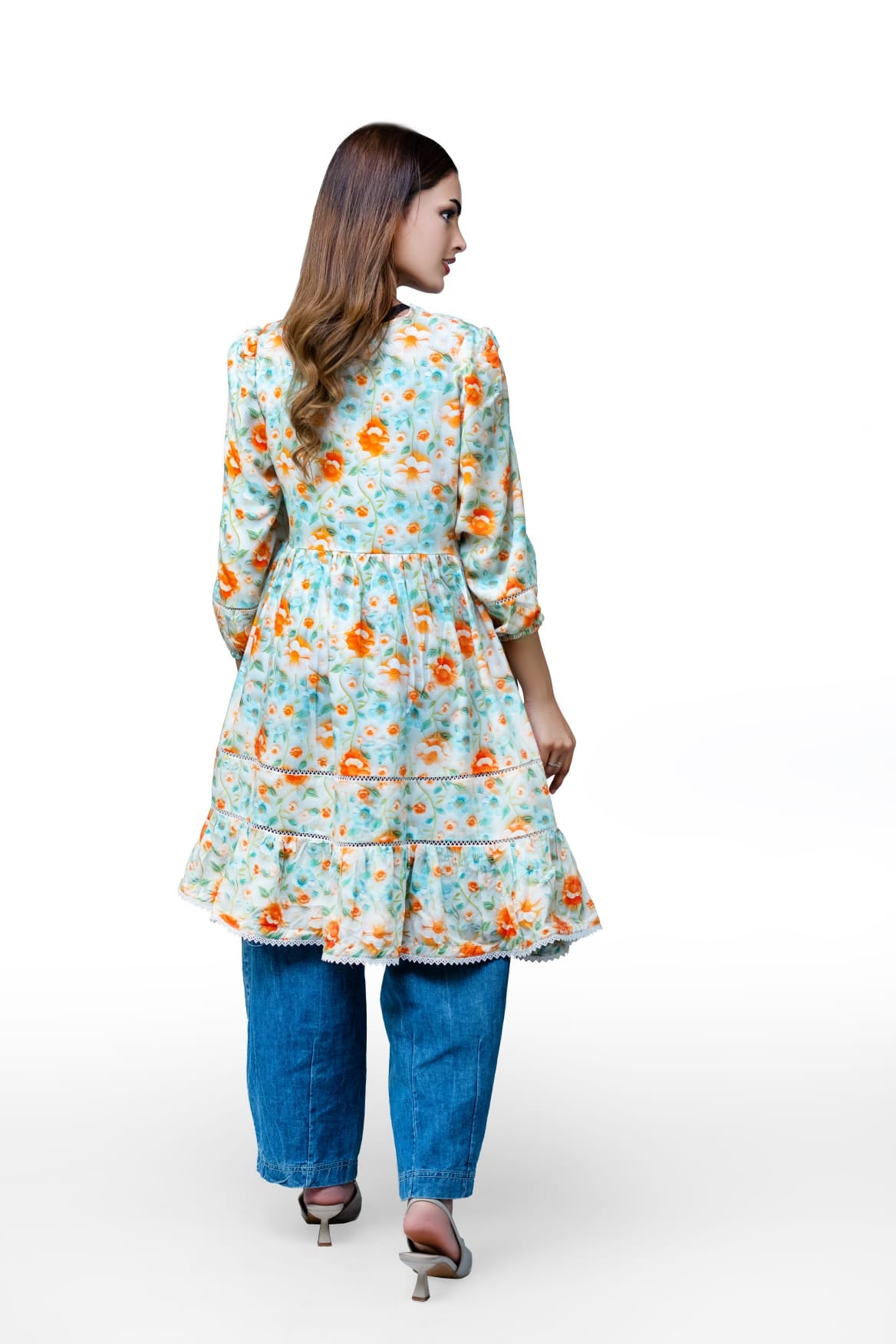 Floral Lace Detail 3 Quarter Sleeve Peplum Top