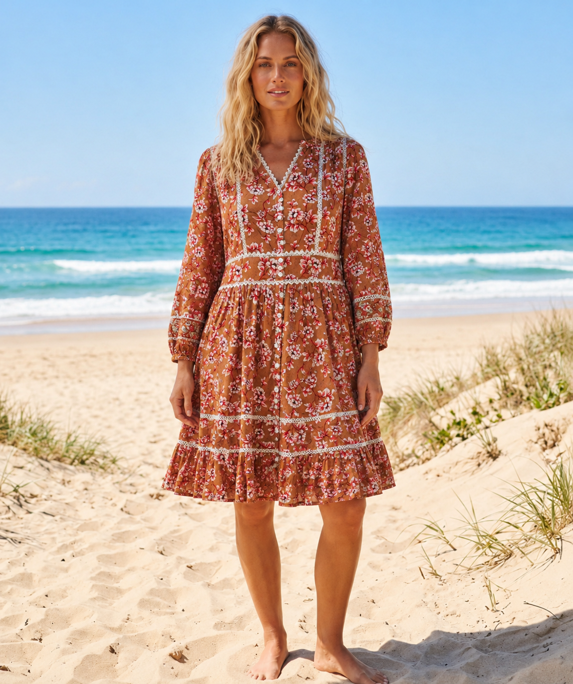 Women's Boho Floral V-Neck Autumn Dress, Lace Trim, Knee Length | China Boski Fabric