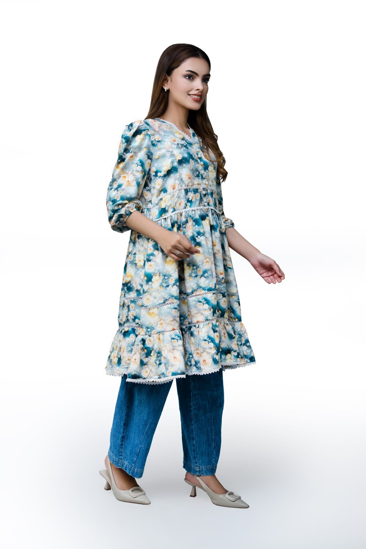 Floral Lace Detail 3 Quarter Sleeve Peplum Top