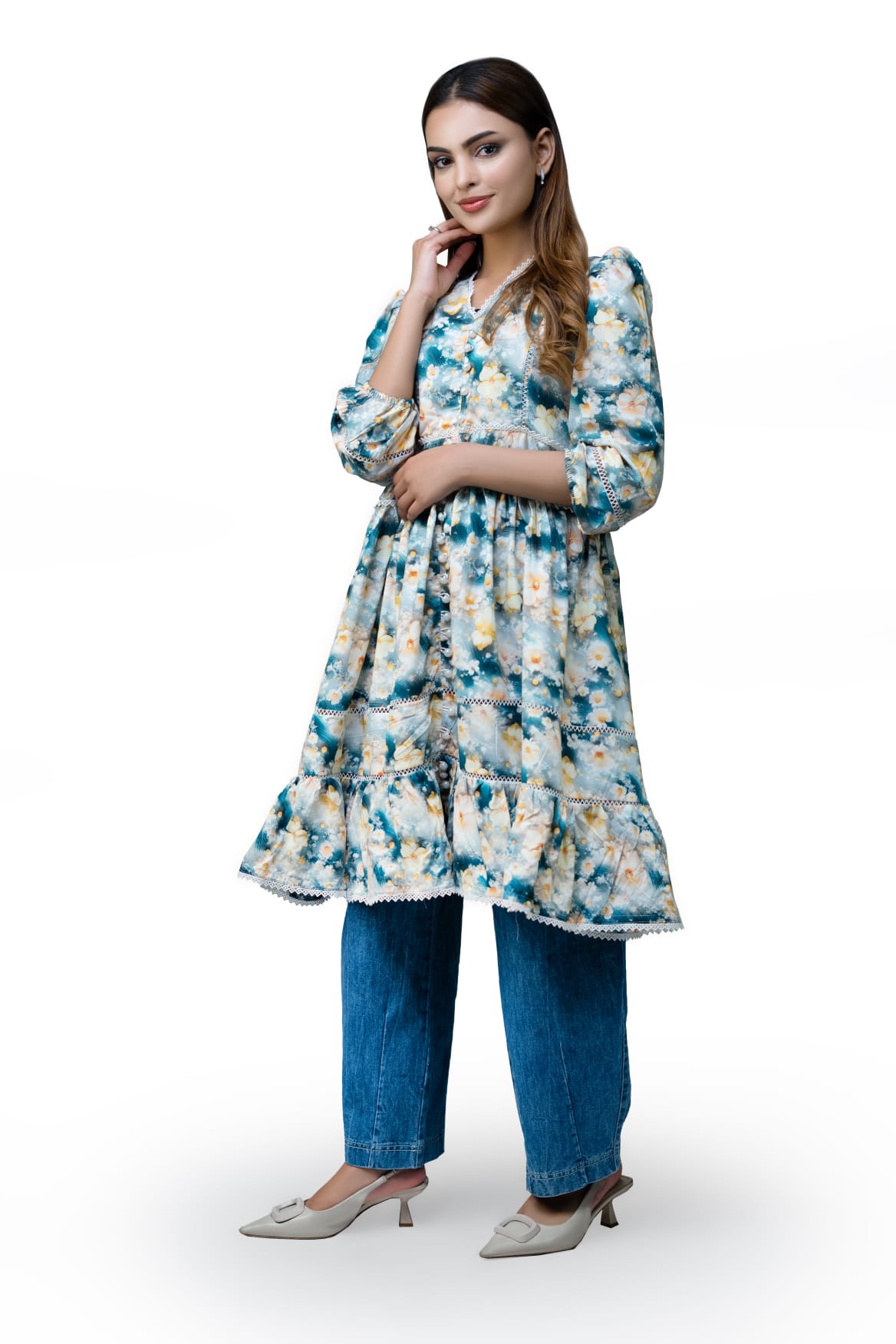 Floral Lace Detail 3 Quarter Sleeve Peplum Top