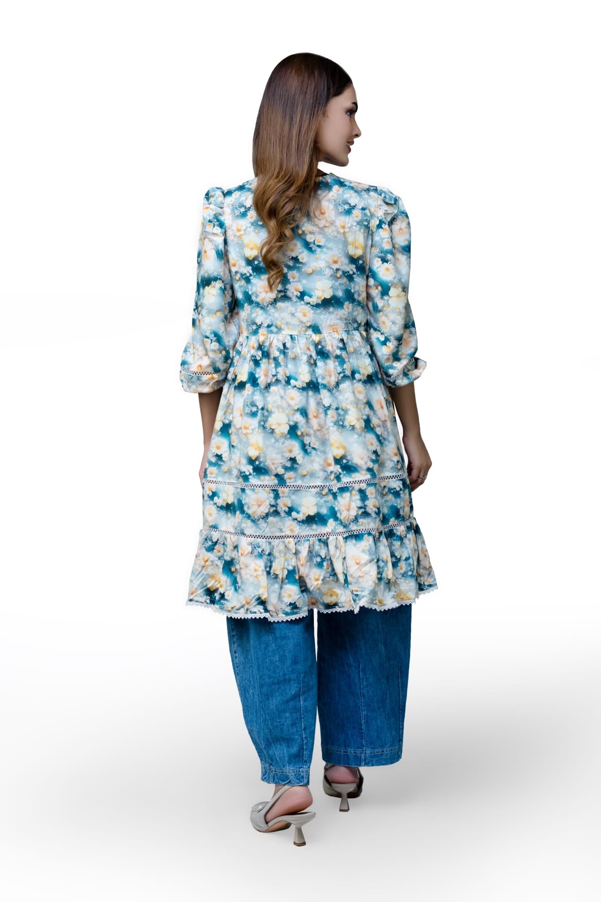 Floral Lace Detail 3 Quarter Sleeve Peplum Top