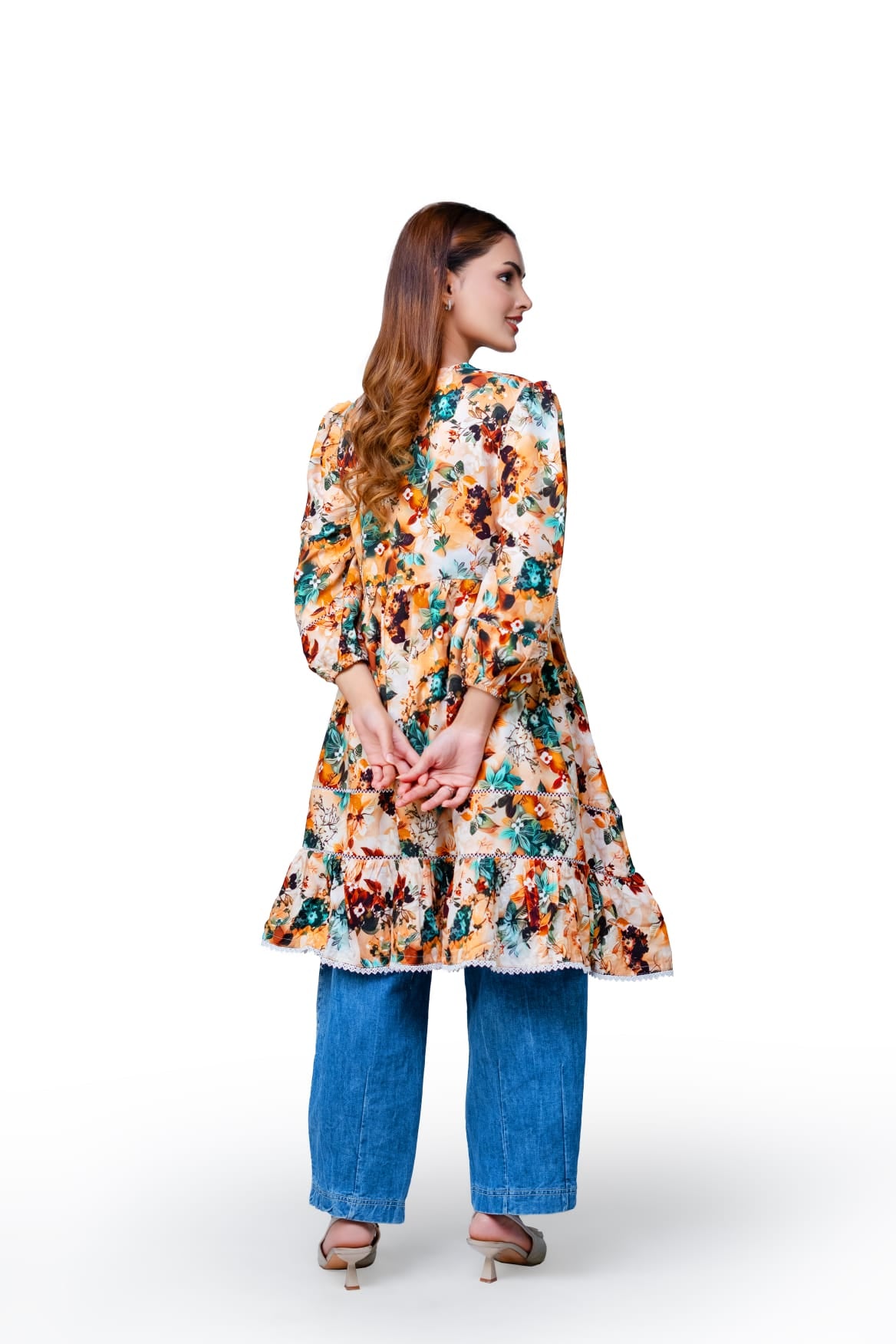 Floral Lace Detail 3 Quarter Sleeve Peplum Top