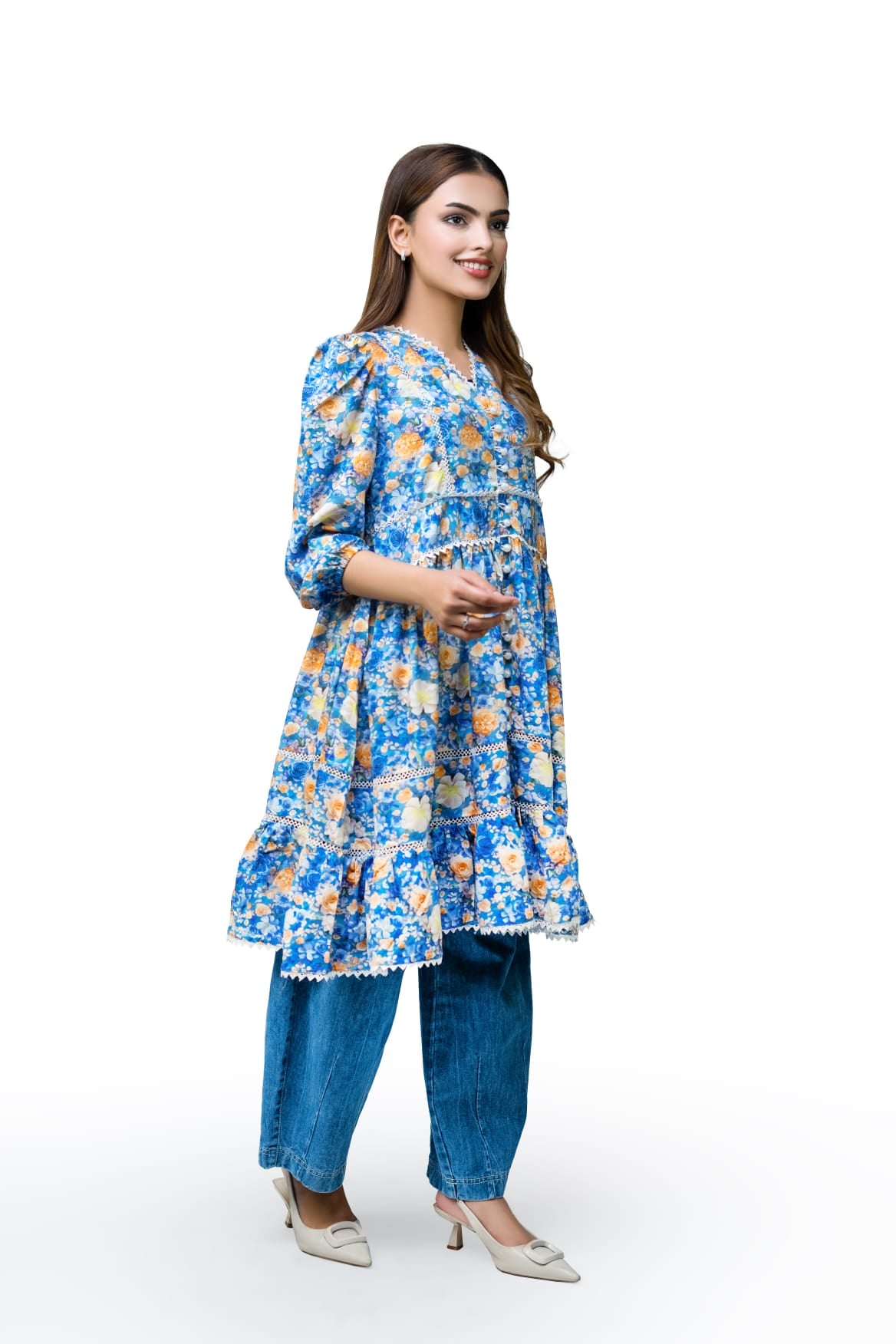 Floral Lace Detail 3 Quarter Sleeve Peplum Top