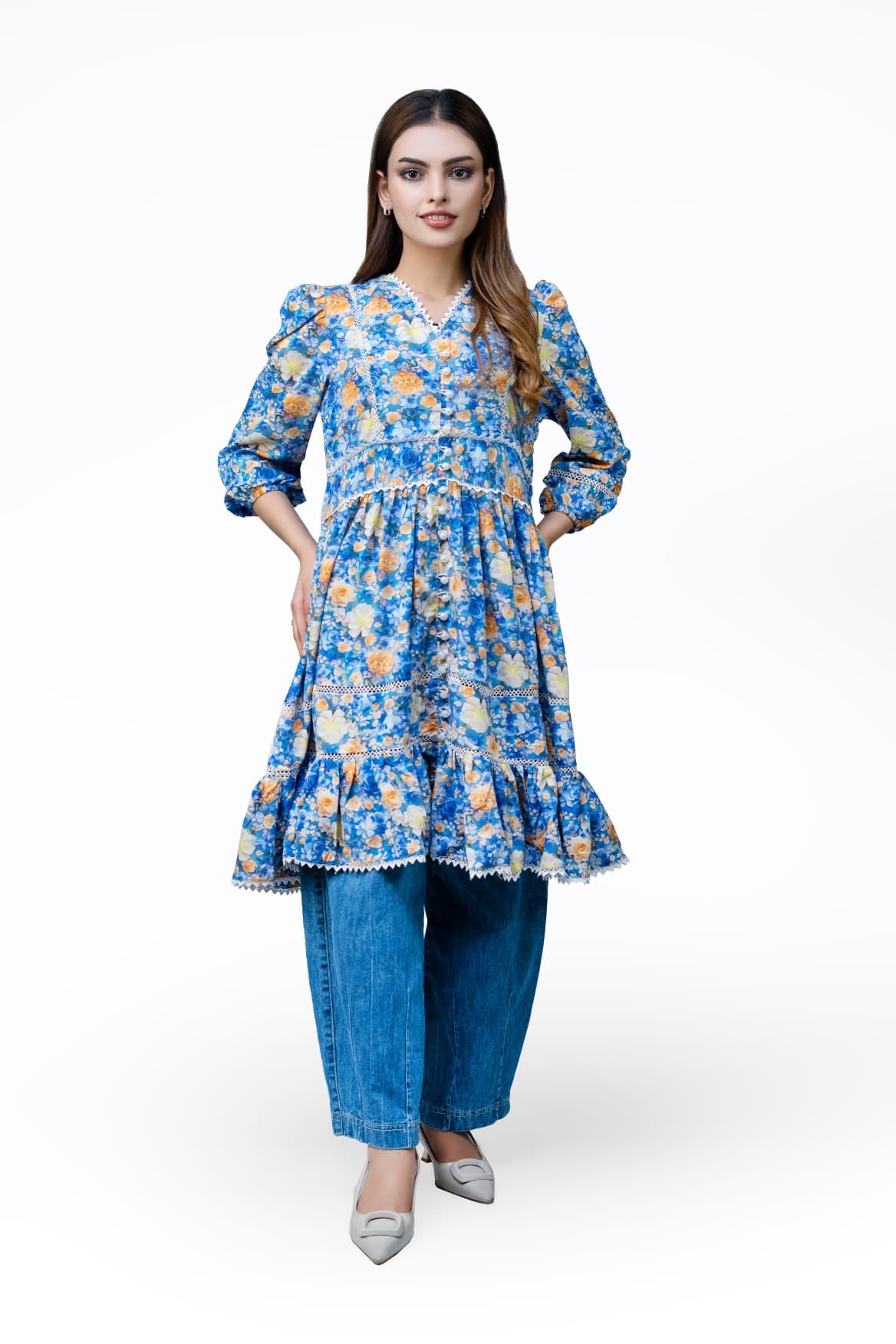 Floral Lace Detail 3 Quarter Sleeve Peplum Top