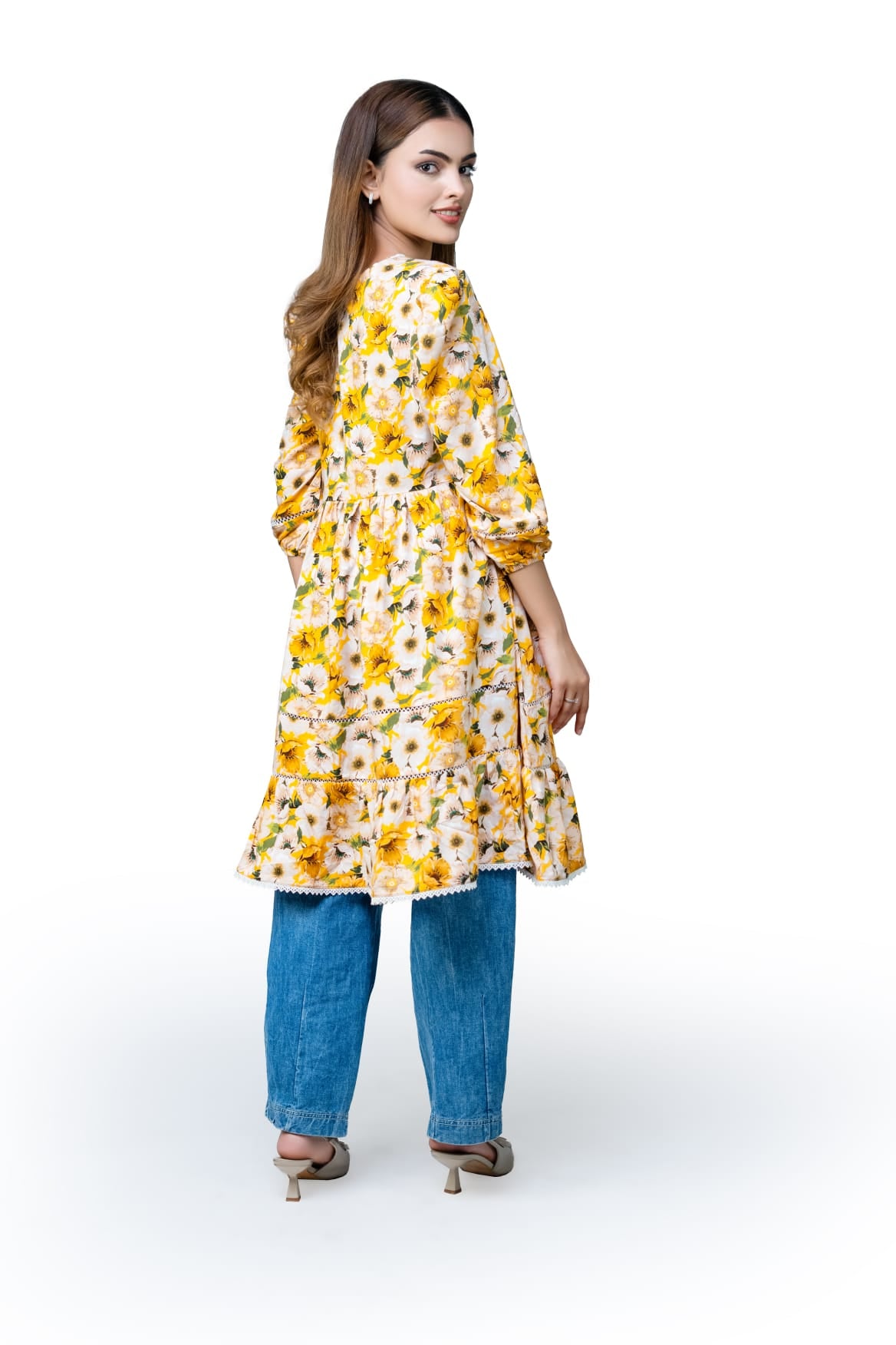 Floral Lace Detail 3 Quarter Sleeve Peplum Top