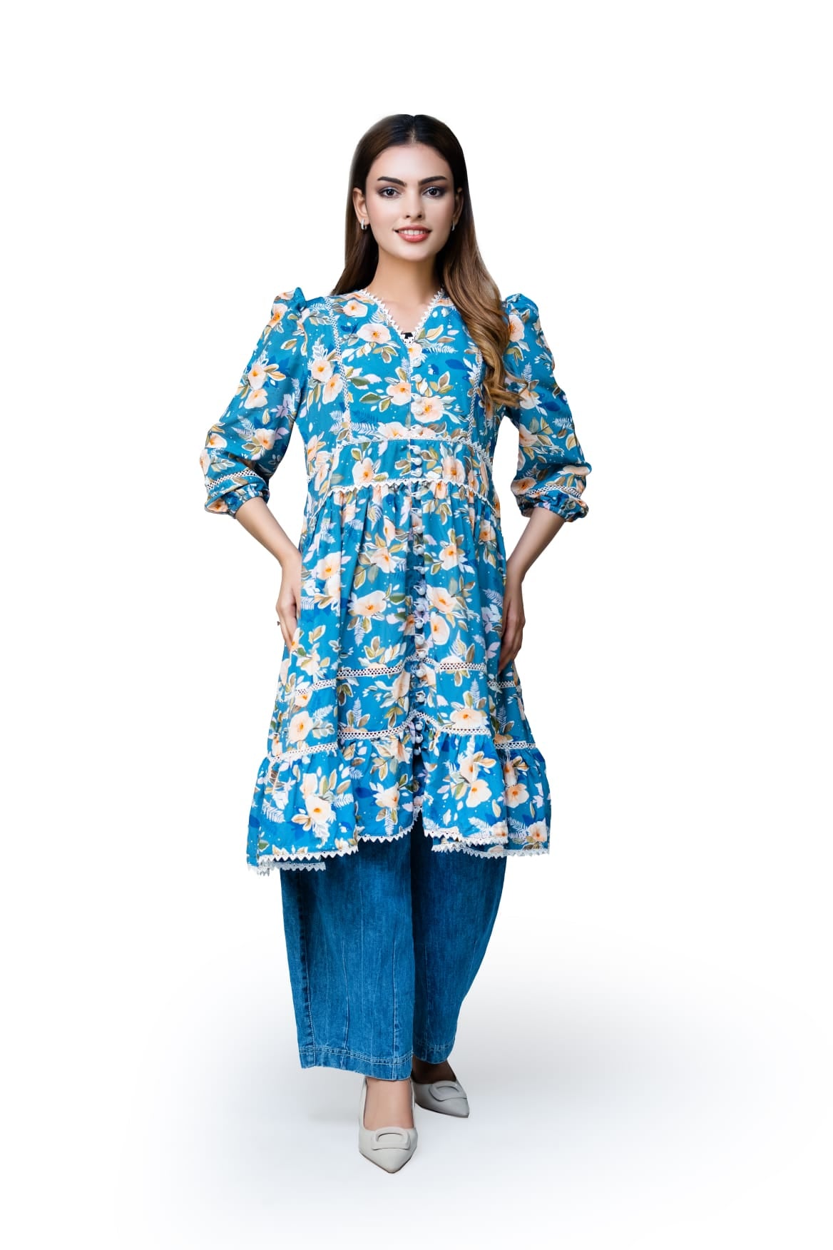Elegant Sky Blue Floral Tunic Dress