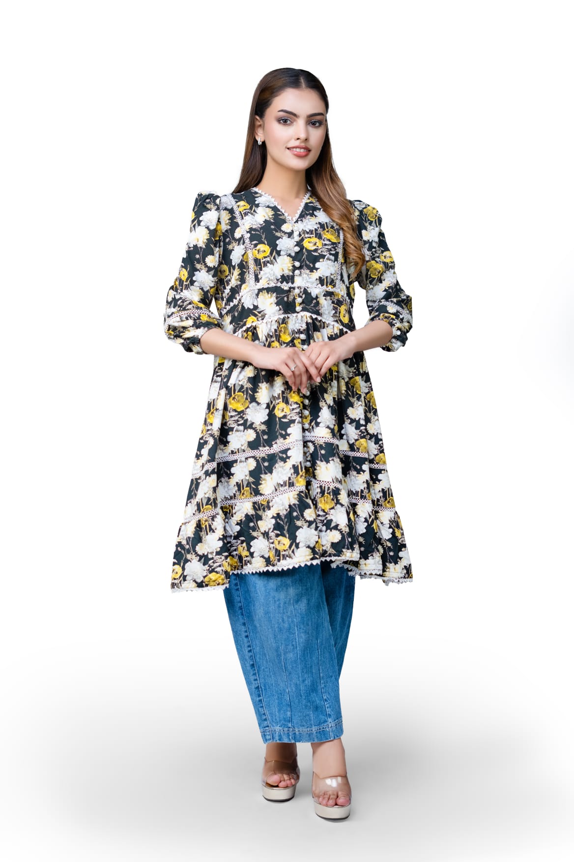 Floral Lace Detail 3 Quarter Sleeve Peplum Top