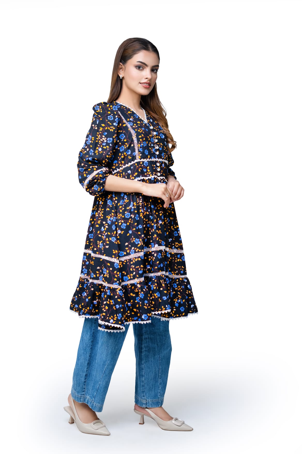 Floral Lace Detail 3 Quarter Sleeve Peplum Top