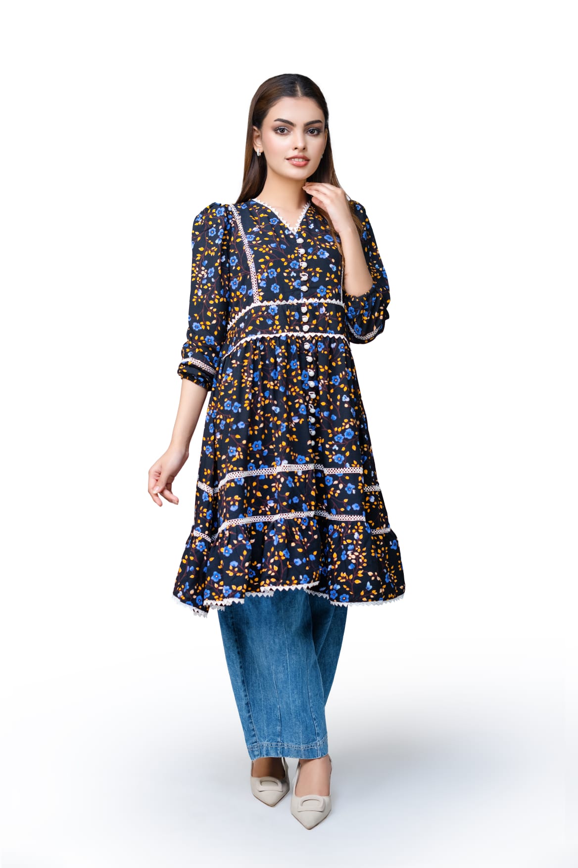 Black Floral V-Neck Lace Trim Autumn Dress, Knee Length | China Boski Fabric