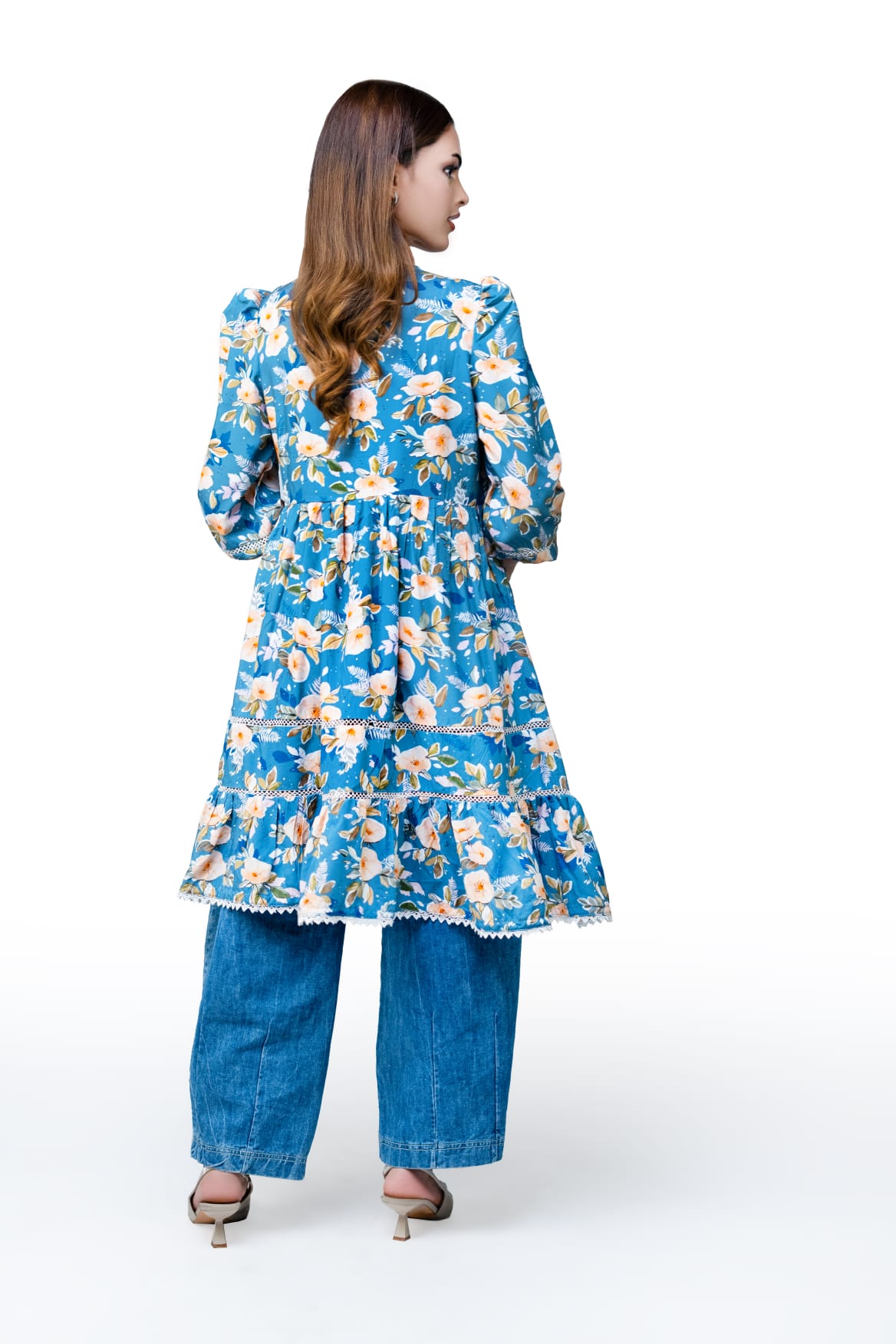 Elegant Sky Blue Floral Tunic Dress