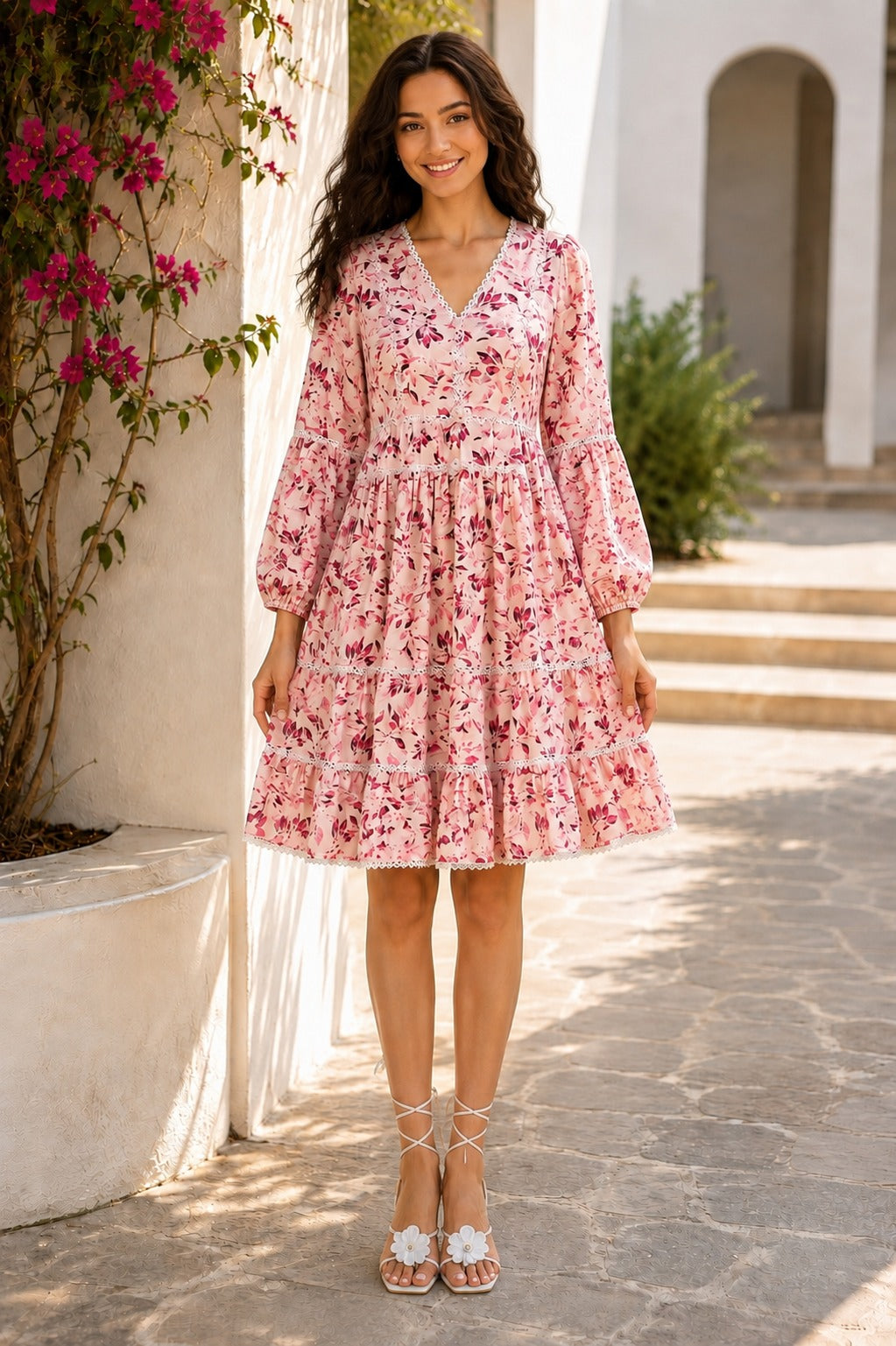 Autumn Pink Floral V-Neck Lace Trim Women's Dress, 3/4 Sleeves, Knee Length| China Boski Fabric