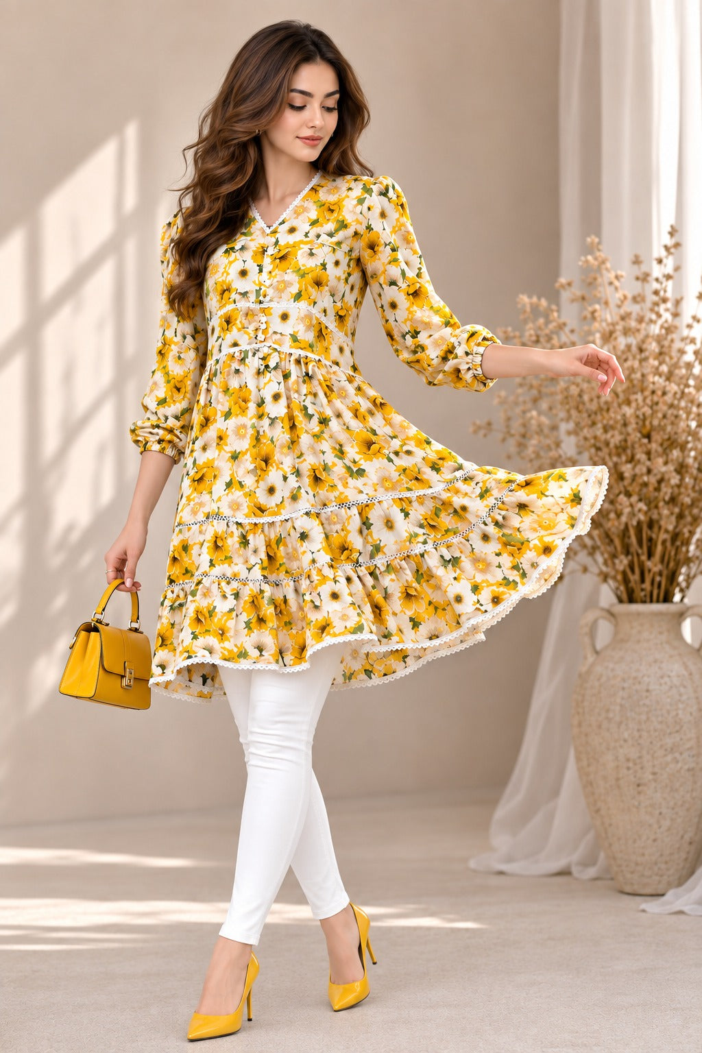 Autumn Yellow Floral V-Neck Women's Dress, Lace Trim, Knee Length | China Boski Fabric