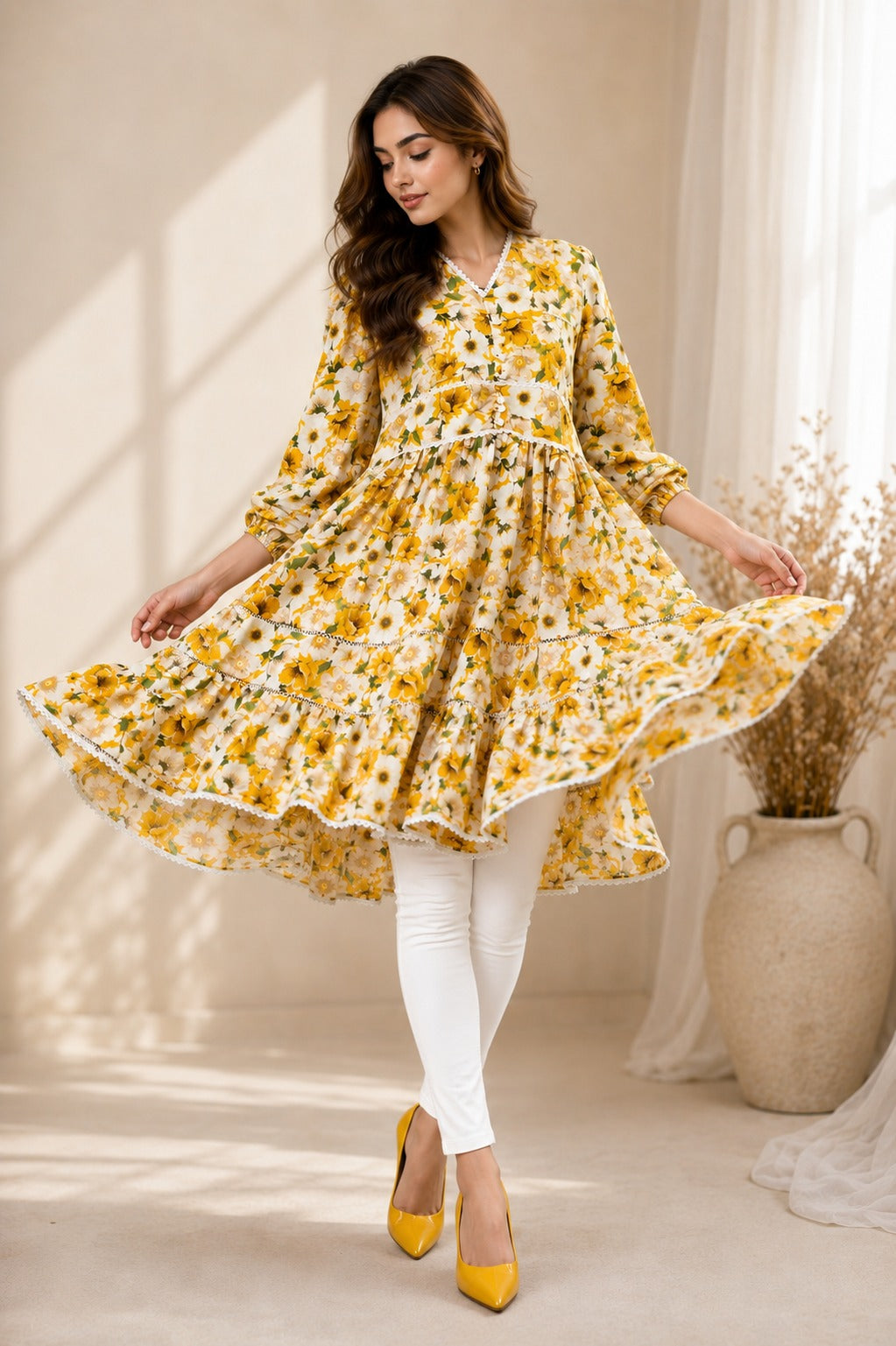 Autumn Yellow Floral V-Neck Women's Dress, Lace Trim, Knee Length | China Boski Fabric