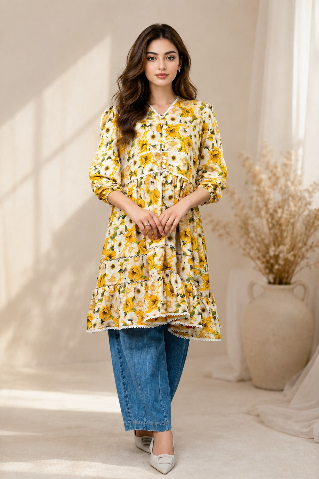 Autumn Yellow Floral V-Neck Women's Dress, Lace Trim, Knee Length | China Boski Fabric