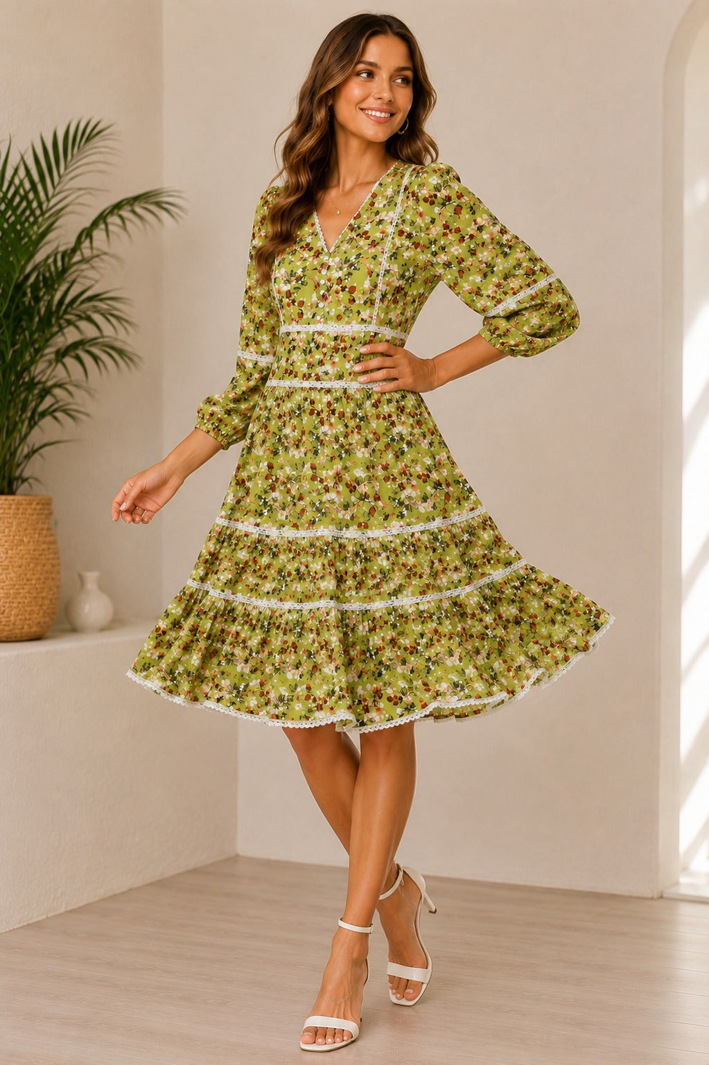 Bohemian Green Floral V-Neck Autumn Dress, Lace Trim, Knee Length | China Boski Fabric