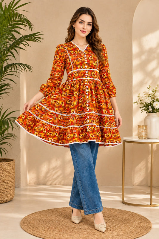 Women's Boho Floral V-Neck Lace Trim Autumn Dress, Knee Length | China Boski Fabric