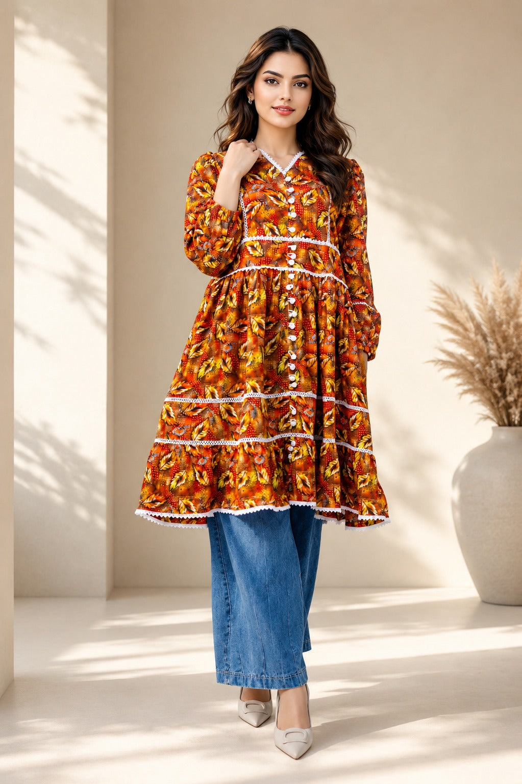 Women's Boho Floral V-Neck Lace Trim Autumn Dress, Knee Length | China Boski Fabric