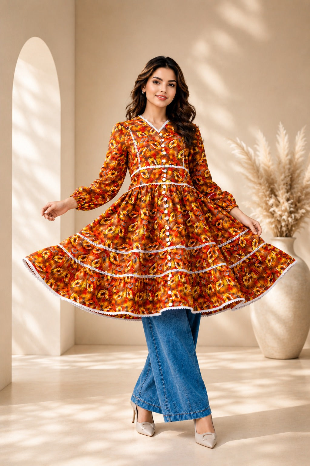 Women's Boho Floral V-Neck Lace Trim Autumn Dress, Knee Length | China Boski Fabric