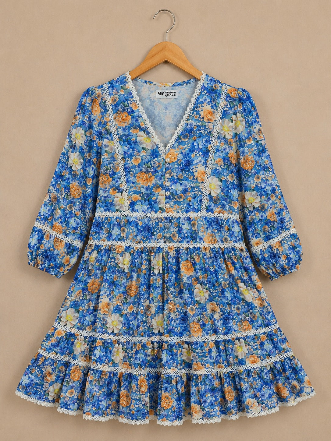 Floral Autumn Bohemian V-Neck Lace Trim Dress, Tiered Hem, Knee Length | China Boski Fabric