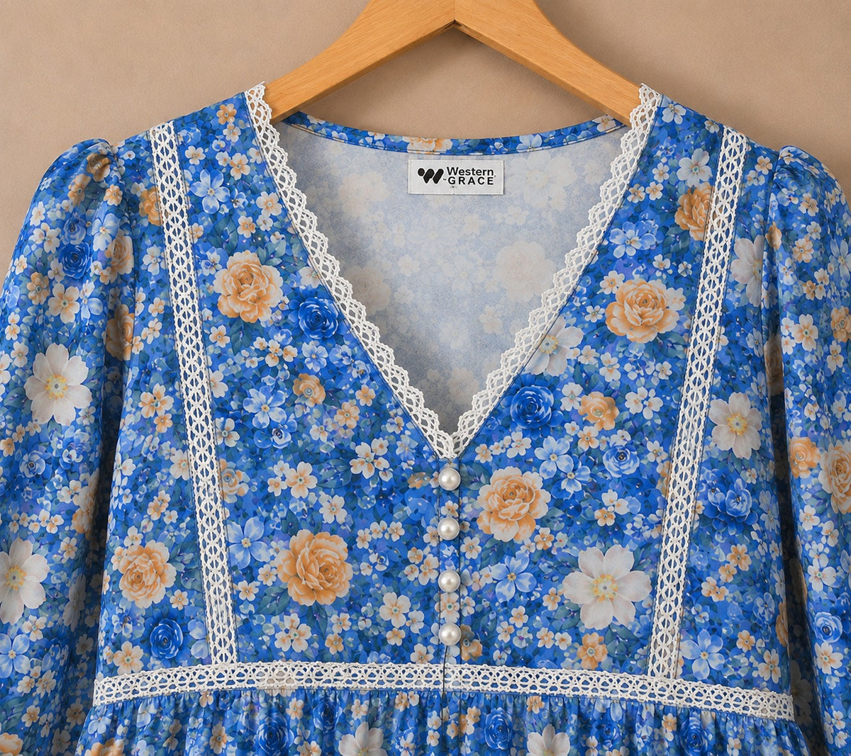 Floral Autumn Bohemian V-Neck Lace Trim Dress, Tiered Hem, Knee Length | China Boski Fabric