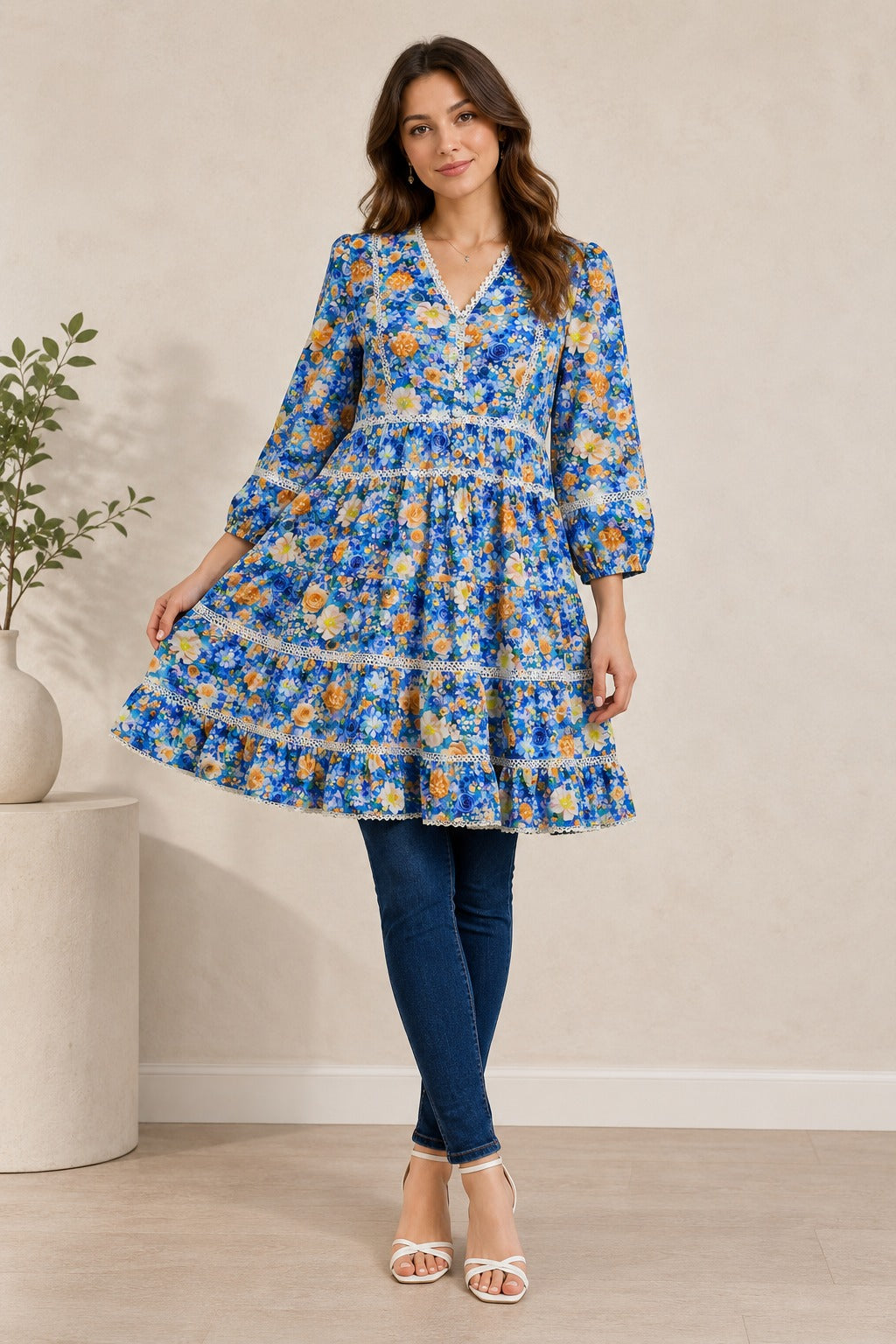 Floral Autumn Bohemian V-Neck Lace Trim Dress, Tiered Hem, Knee Length | China Boski Fabric