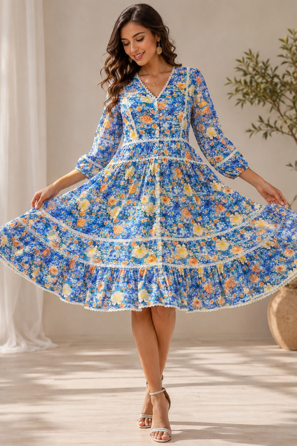 Floral Autumn Bohemian V-Neck Lace Trim Dress, Tiered Hem, Knee Length | China Boski Fabric