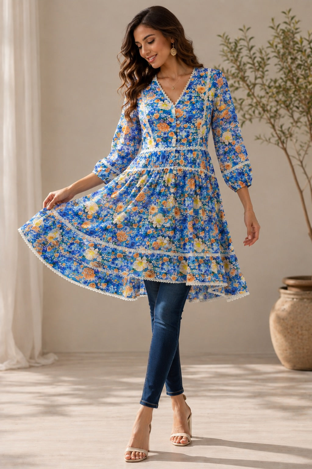 Floral Autumn Bohemian V-Neck Lace Trim Dress, Tiered Hem, Knee Length | China Boski Fabric