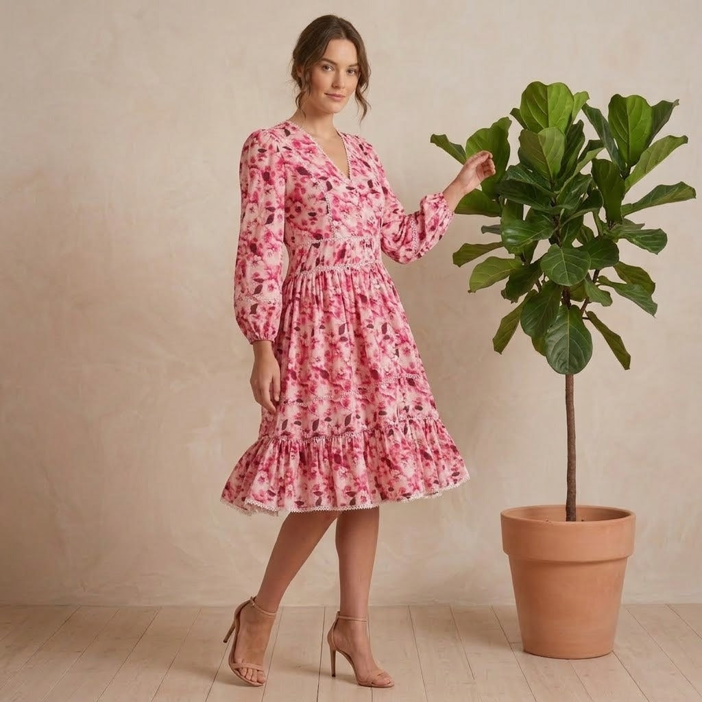 Floral V-Neck Knee Length Women's Autumn Dress , Lace Trim | China Boski Fabric