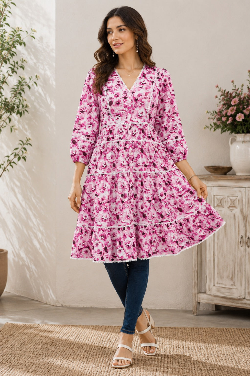 Floral V-Neck Knee Length Women's Autumn Dress , Lace Trim | China Boski Fabric