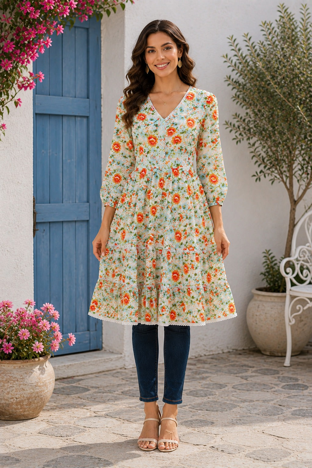 Bohemian Autumn Floral V-Neck Lace Trim Dress - China Boski Fabric , Knee  Length Style